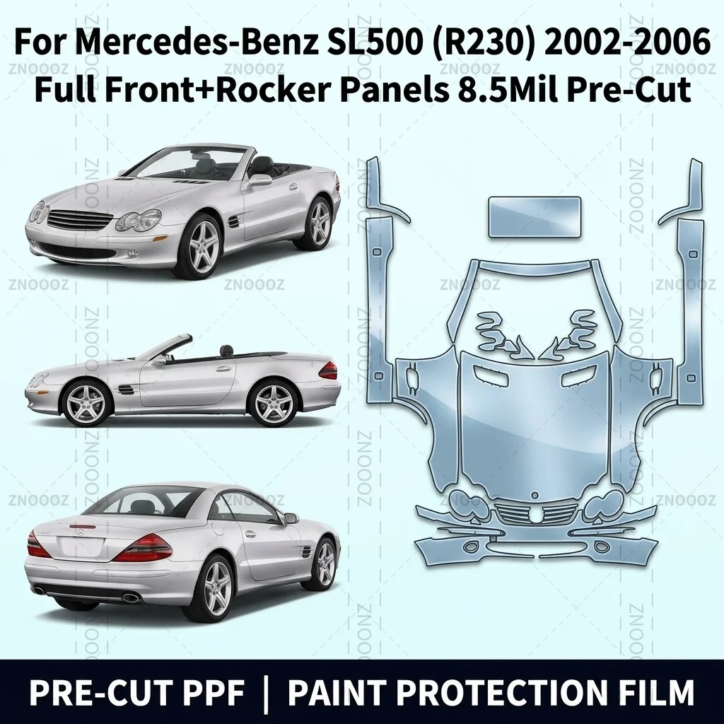 For Mercedes-Benz SL500 (R230) 2002-2006 Full Front+Rocker Panels 8.5Mil Pre-Cut PPF Kit, TPU Self Healing Anti Yellowing
