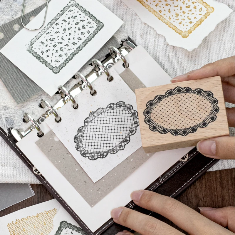 Sweet Heart Floral Oval Shape Wood Background Stamp for Scrapbooking Junk Journal Lace Shading Geometric DIY Seal Supplies - view 6