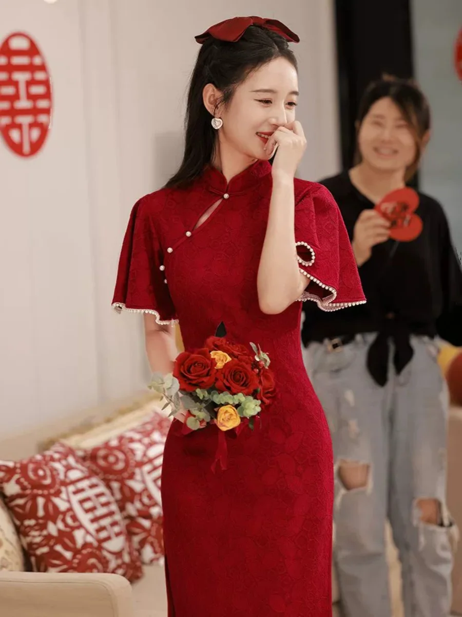 

Красное вечернее платье для молодых девушек, для помолвки и свадьбы, летнее, новинка, с коротким рукавом, круглый вырез