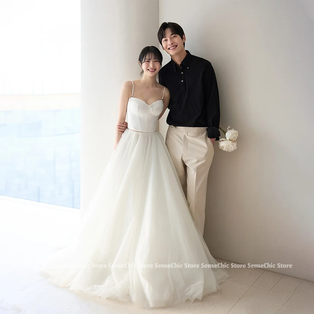 Vestidos de boda sencillos con forma de corazón, sesión de fotos de tul, corsé sin mangas de Corea, vestido de novia con tirantes finos personalizado