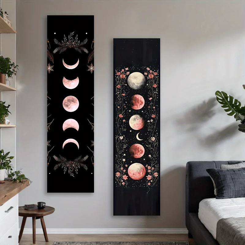 Mondphasen- und Blumen-Wandteppich – Wandbehang in Schwarz und Rosa, für Schlafzimmer, Wohnheim, Heimbüro, Party-Dekoration