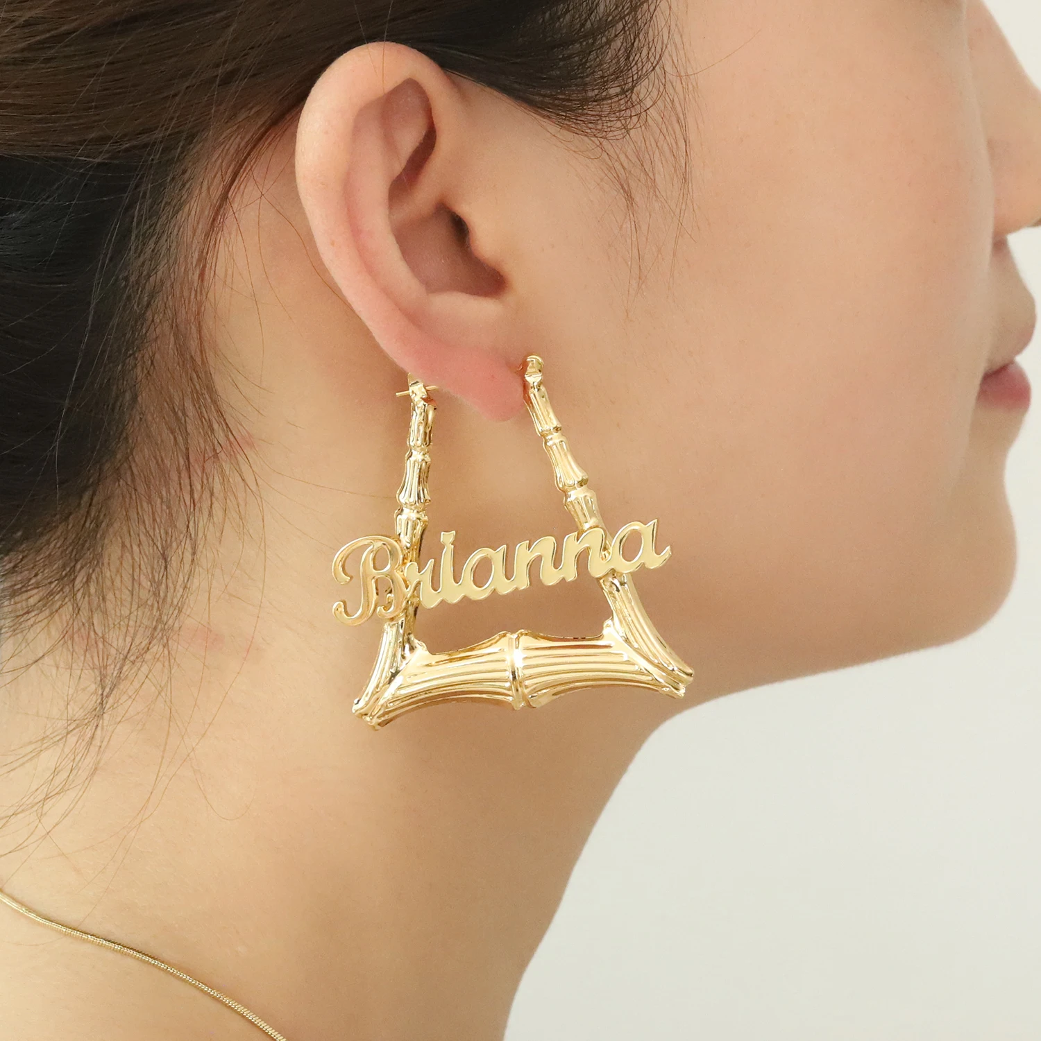 

Personalized Name Earrings Custom Gold Tone Bamboo Frame Design Stainless Steel Birthday Anniversary Gift Women Keepsake Jewelry