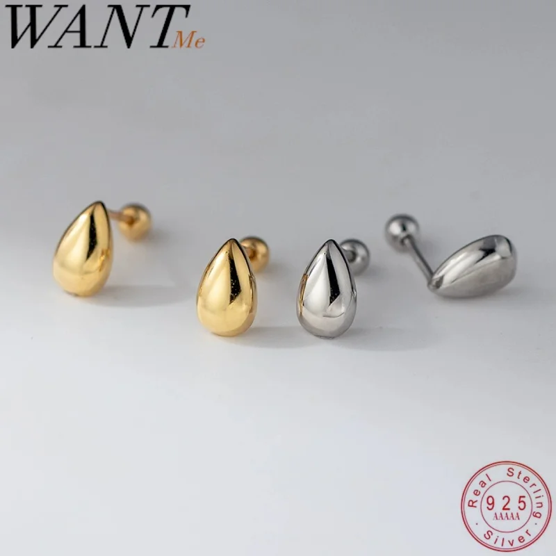 WANTME 925 Sterling Silver Minimalist Glossy Waterdrop Screw Bead Stud Earrings for Women Trendy French Punk Hip-hop Men Jewelry