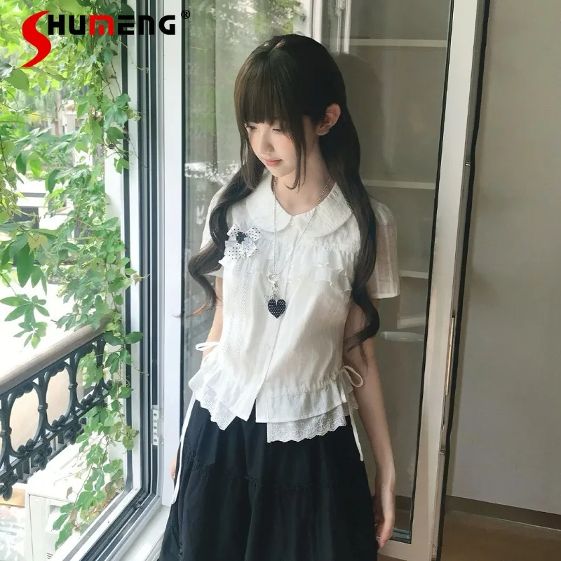 

Japanese Lolita Lace Trim Ruched Shirt Sweet Fashion Black Half Skirt Elegant Casual Daily Slim Fit Single-breasted Blouse Women