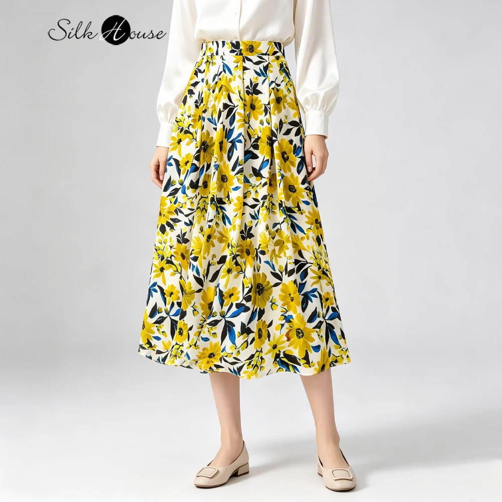 

Women's Casual Summer New 100% Natural Mulberry Silk Crepe De Chine Yellow Oil Painting Print Elastic Waist Large Swing Skirt