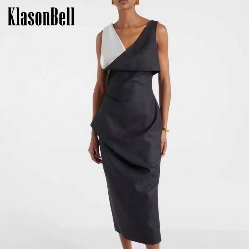 

7.22 KlasonBell Women New Fashion Contrast Color Striped Swing Collar V-Neck Dress Elegant Asymmetrical Ruched Slim Midi Dress