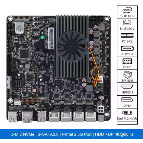 N100 NAS Motherboard board DC Power Supply 2 M.2 NVMe 1 PCIE X1 4LAN i266-V 2.5G Network Port DDR5 6XUSB 2.0 17X17cm NAS Board
