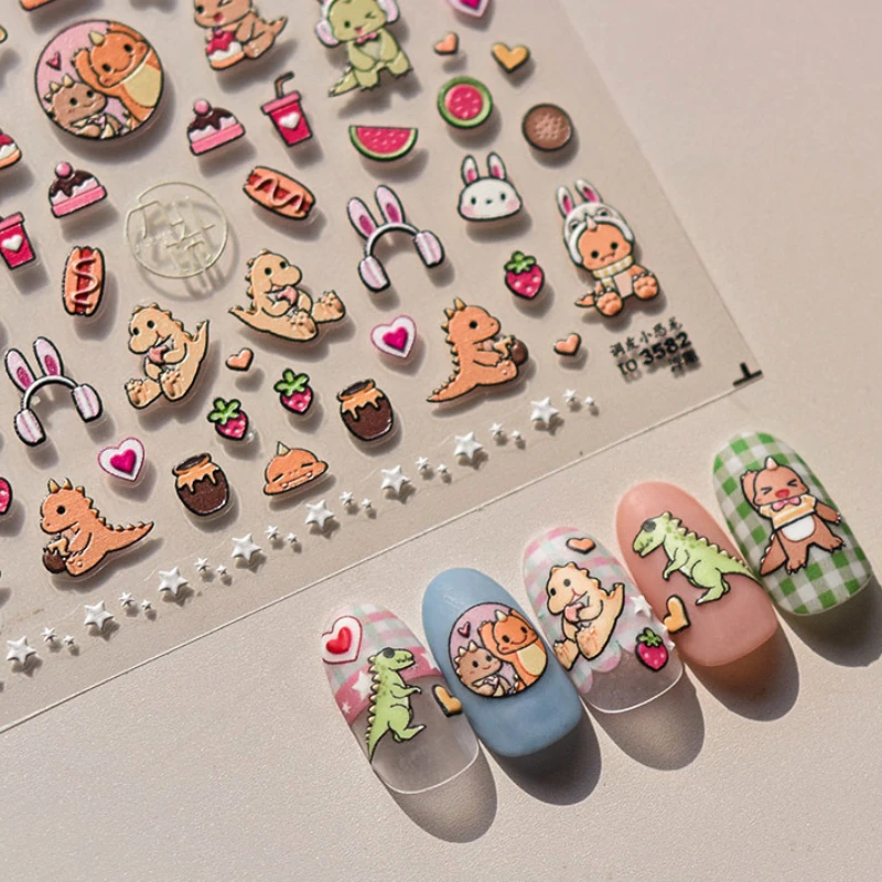 Autocollants 3D pour Nail Art, beaux dinosaures, lapin, hamburger, Harvey, gaufré, Charleroi, autocollants, manucure, vente en gros, 5D