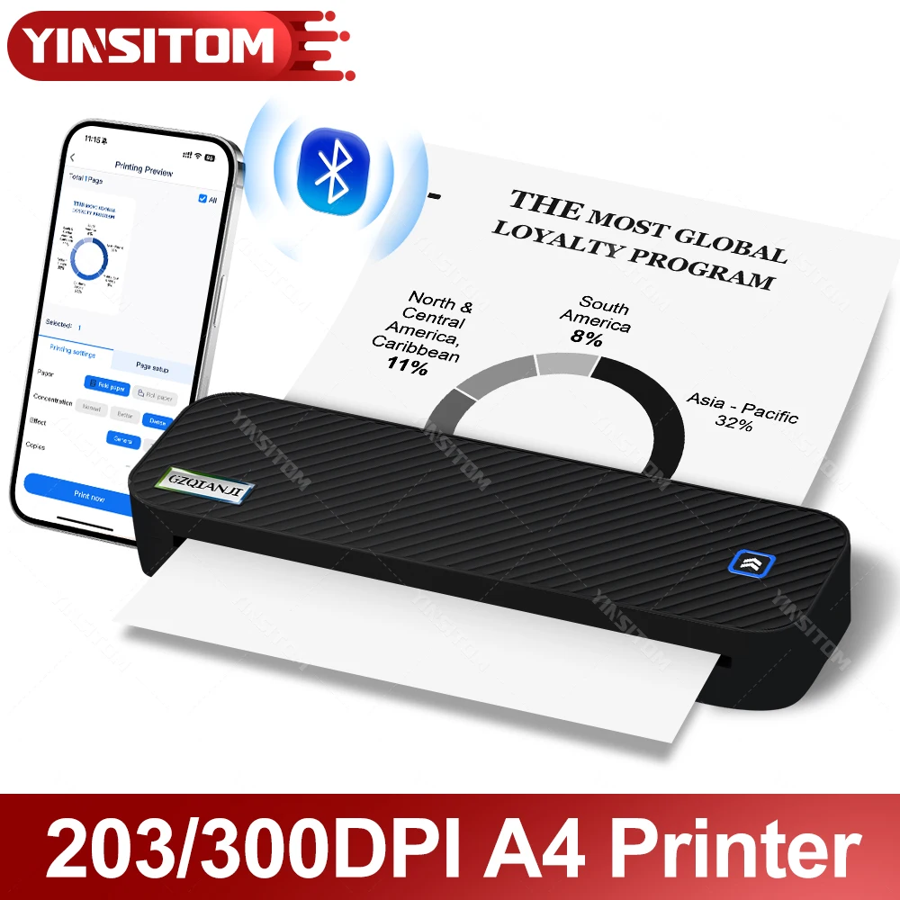 200/300dpi A4 Thermal Printer Mini Bluetooth Mobile Inkless Portable Wireless Maker Support Letter A4 Size Thermal Paper Machine