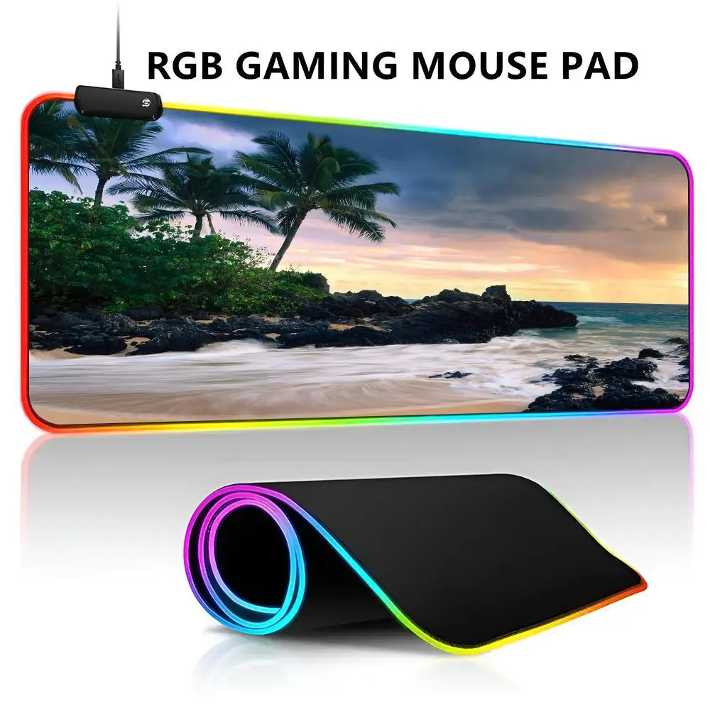 Beach Waves Palm Landscape Mouse Pad RGB LED Light Gaming Carpet Big Mause Keyboard Pad PC Desk Play Mat with Backlit