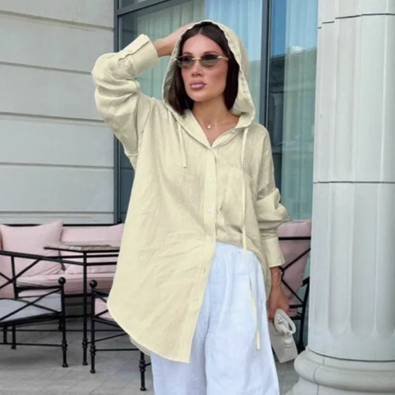 

Желтая осенняя женская блузка из 100% хлопка, однобортная рубашка с капюшоном на шнурке для женщин, свободная асимметричная женская блузка