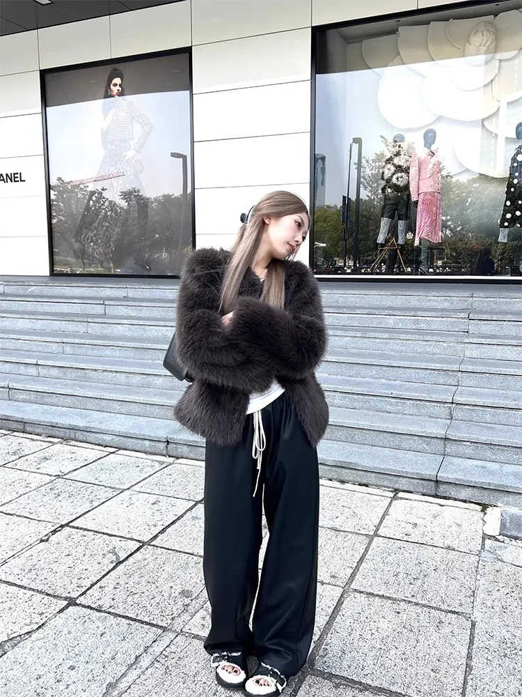 Winter Gradient Fluffy Faux Fox Fur Coat for Women High Street Luxury Big Collar Overcoat Female Jacket