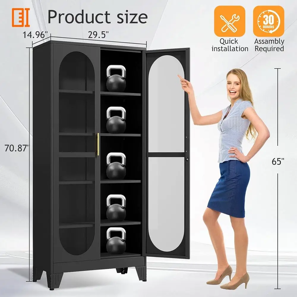 71" H Locking Display Cabinet with Glass Door, Metal Curio Cabiwith 4 Adjustable Shelves, Tall Liquor Cabinet Display Case or Li - view 3