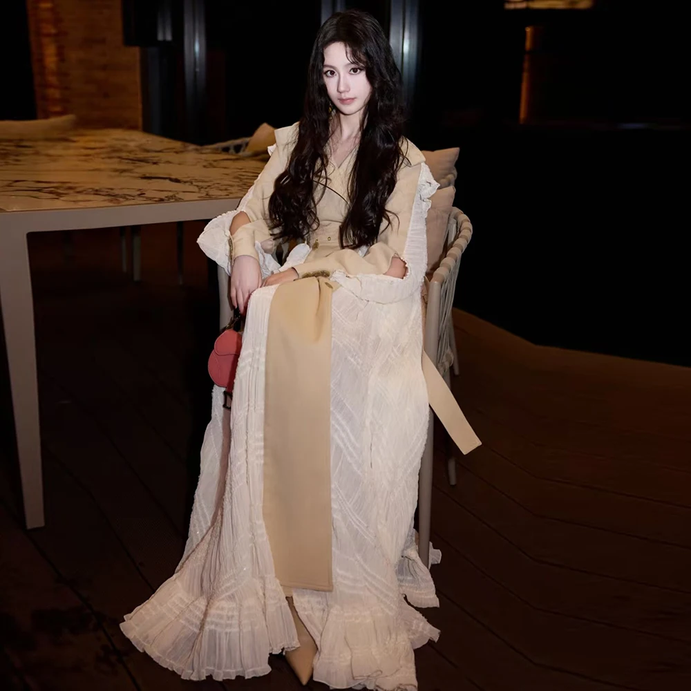 TWOTWINSTYLE Colorblock Casual Long Trenches For Women Lapel Long Sleeve Patchwork Button Long Coats Female Fashion Style New