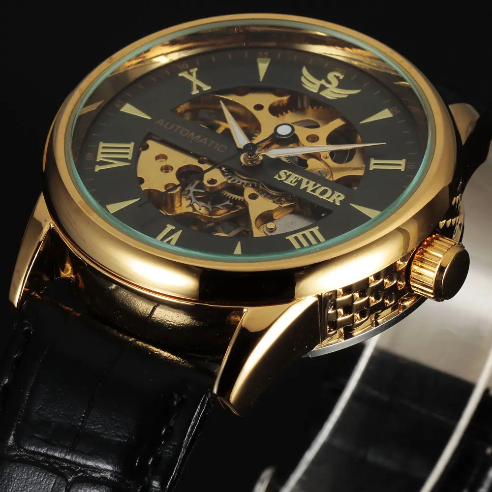 2023 Sewor Watch Men Gold Skeleton Watches Leather Band Mechanical Hand Wind Wristwatches Men Relogio Masculino Reloj Hombre