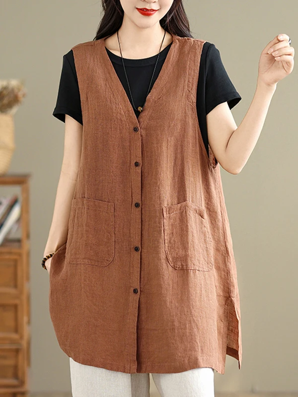 

Retro V-Ne Linen Jaet Women Summer Faion Versatile Loose Midi Length Outerwear Thin Cotton Linen oulder Top