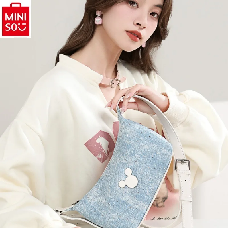 

MINISO Disney High Quality Cowboy Underarm Bag Women's Fashion Cartoon Mickey Exquisite Lock Handheld Shoulder Bag