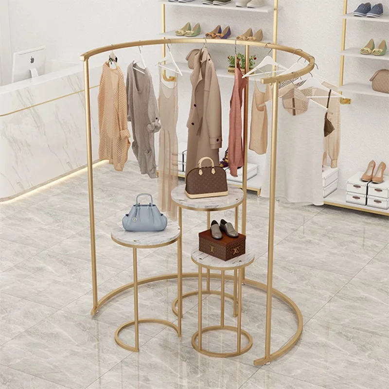 custom，semi-circle island gold wrought iron rack display floor hanging clothes rack women's shop display rack