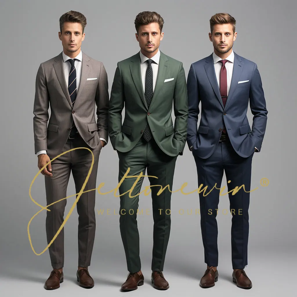 

(Blazer+ Pants ) Men Business Formal Suit Casual Slim Elegant 2-piece Set Black Navy Blue Wine Red Gray Groomsmen Trapstar