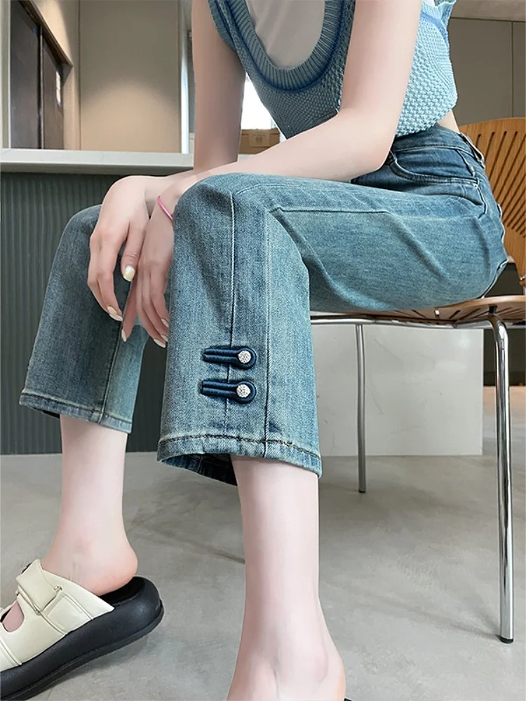 High Waist Nine-Tenths Jeans Women's Summer Thin New Sle Small Size Slimming Chinese Sle Button Straight Leg Trendy
