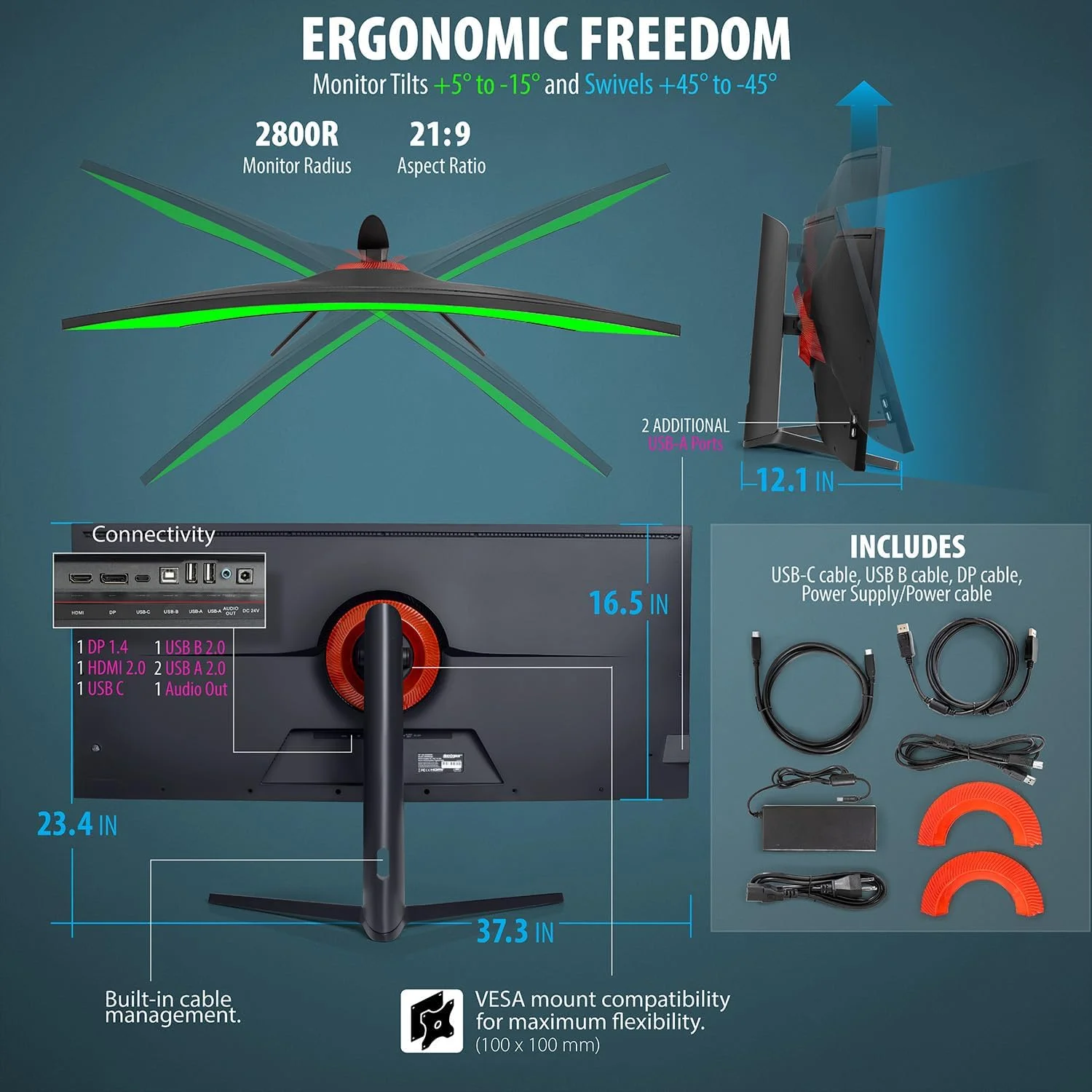 Monitor Nano IPS ultra-amplo curvo de 40 polegadas, 5120x2160 5K2K, 21:9, HDR10, AdaptiveSync, 100% sRGB, HDMI 2.0, DP, USB-C