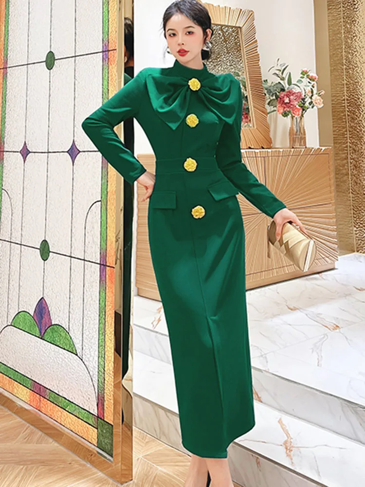 ZJYT Runway Autumn Midi Dresses for Women 2024 Elegant Black Green Vestidos Long Sleeve Straight Party Robe Femme Plus Size XXL