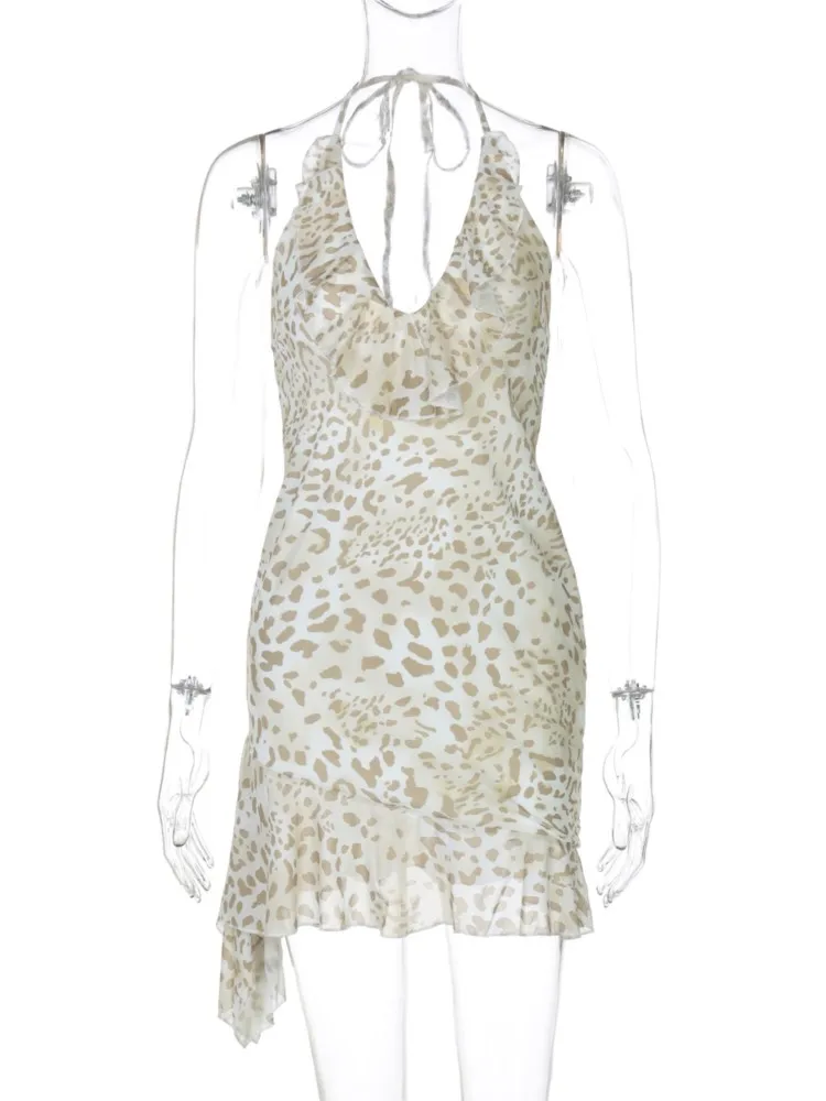 

Dresses 2026 Woman Summer Leopard Print Sexy Neck Halter Dress Fashion Backless Vestidos Bodycon temperament Package Hip Trendy