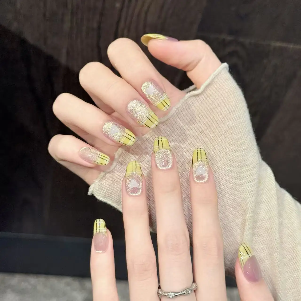 10Pcs【Ning Ying Xing Su】Lemon Yellow French Cat Eye Short Handmade Press On Nails With 4-PIECE Tool Adhesive Nail Glue Tabs