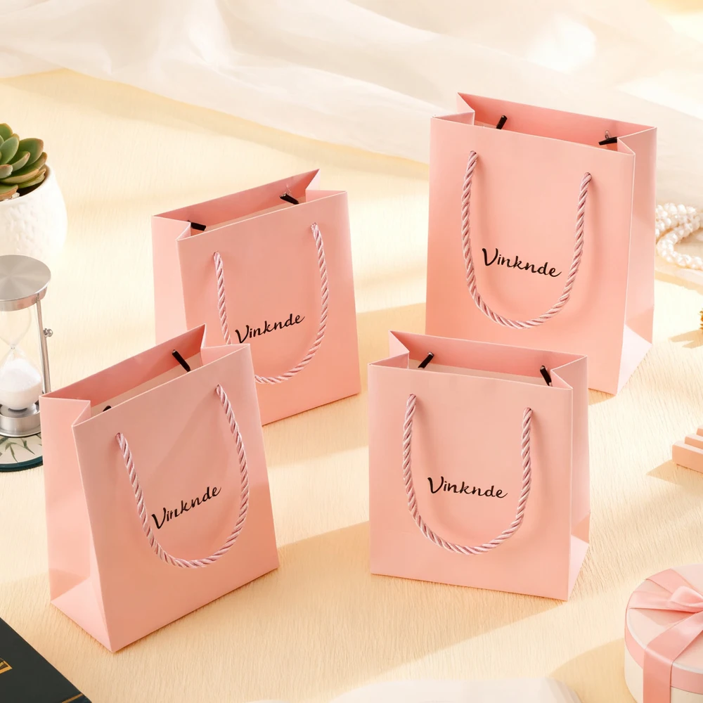 أكياس هدايا صغيرة بمقابض 14x12.5x6 سنتيمتر الوردي شكرا لك ورقة هدية التفاف حقيبة بوتيك التسوق السائبة لحفل الزفاف دش الزفاف #1