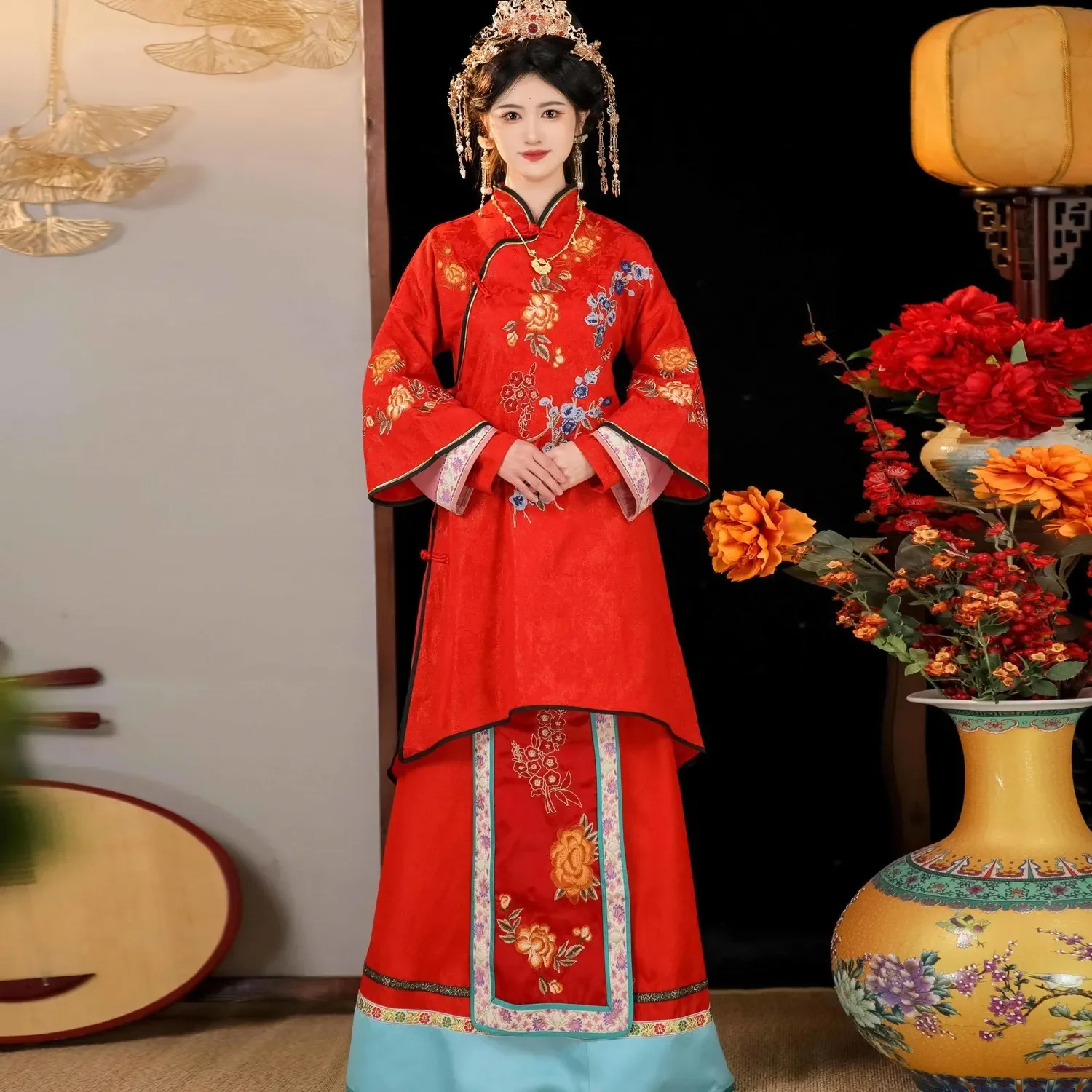 Qing DynastyTV Drama Cospaly Princess Xiuhe Women Vintage Red Floral Embroidered Cheongsam Horse Face Skirt 2pcs Plus Size 3xl