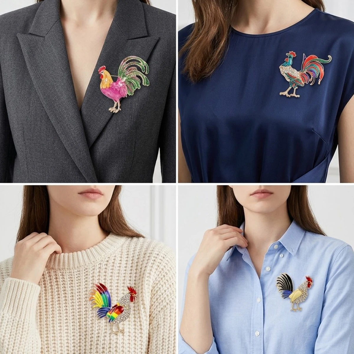 Classic Rhinestone Rooster Duck Brooches for Women Unisex Trendy Animal Pins Office Party Friend Funny Gifts Jewelry Accessories