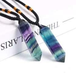 Natural Fluorite Necklace Double Tip Point Hexagonal Crystal Pendants Reiki Original Gemstone Healing Column Black Rope Pendulum