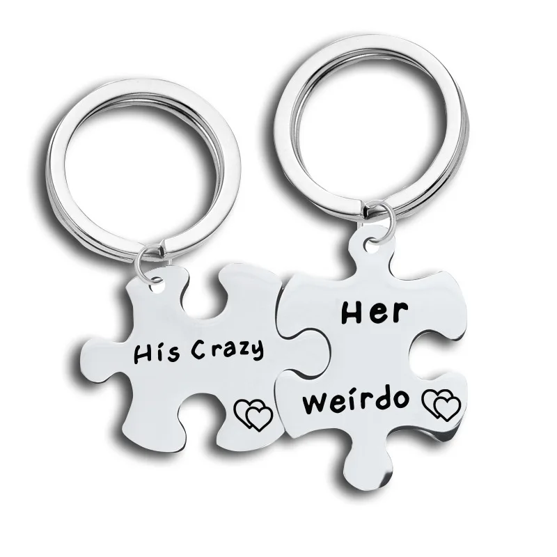 

Customize Name stainless steel fashion couple keychain ornament stainless steel splicing ornament gift couple keychain