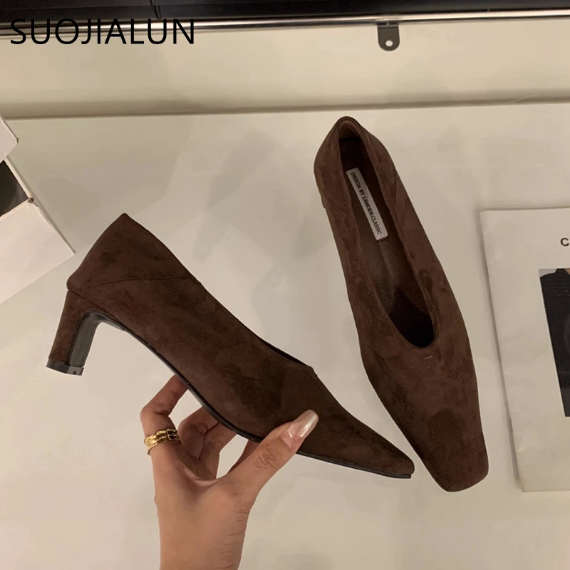 SUOJIALUN 2024 New Brand Women Pumps Shoes Fashion Shallow Slip On Ladies Elegant Boat Shoes Square High Heel Dress Pumps Shoes