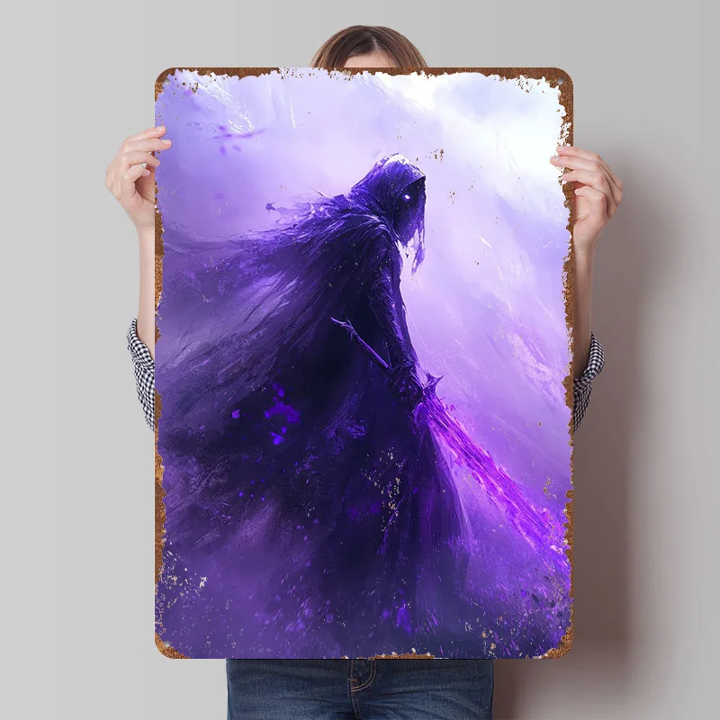 Purple Hooded Figure With Glowing Sword Metal Poster Customized Wall Art Retro Vintage Tinplate Signs for Man Cave Home Decor