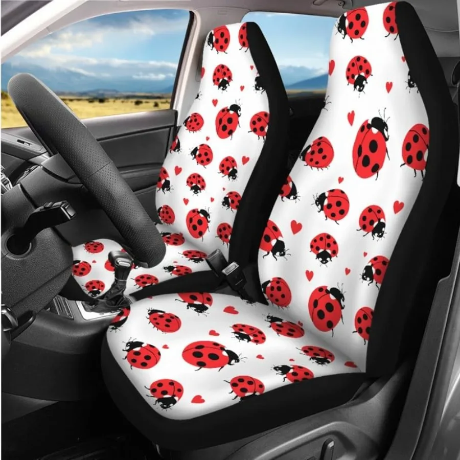 Cartoon Ladybug Print Washable Car Seat Covers with Seat Belt Covers for Easy Installation Cute Animal Design in Red Ladybugs B