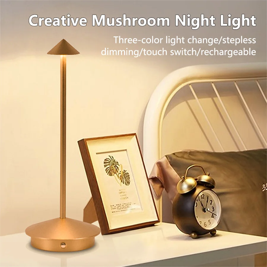 

Rechargeable LED Metal Table Lamp Creative Simple 3 Color Desk Lamp Mushroom Light Bar Outdoor Atmosphere Decoration Night Light