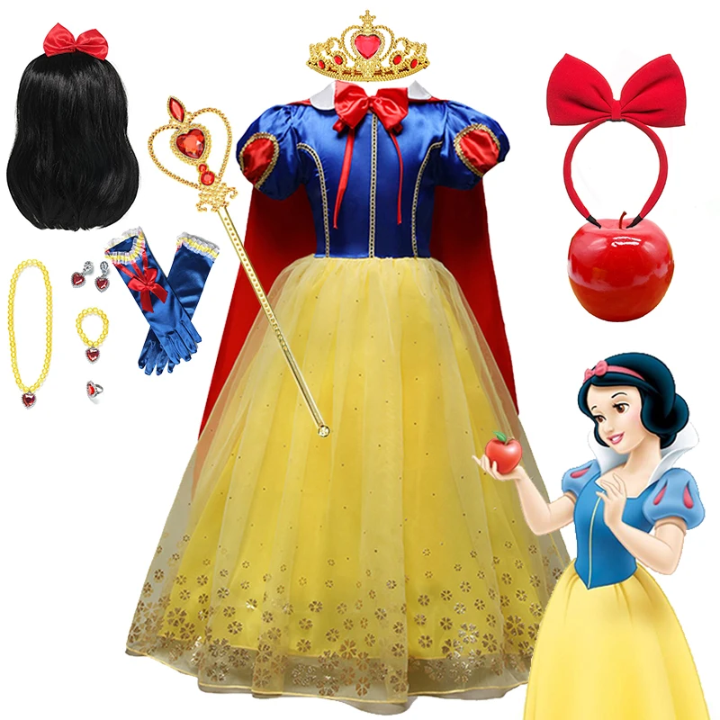 

2024 Girls Costume Snow White Fancy Dress Children Birthday Carnival Halloween Party Princess Ball Gown With Cloak Clothes Wig