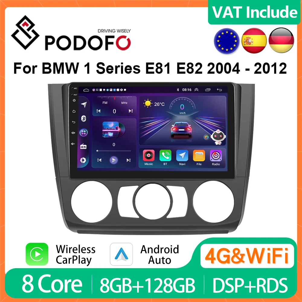 Podofo CarPlay Android Car Radio For BMW 1 Series E81 E82 E87 E88 AT 2004 - 2012 Multimedia Player GPS Navi DSP Head Unit Stereo