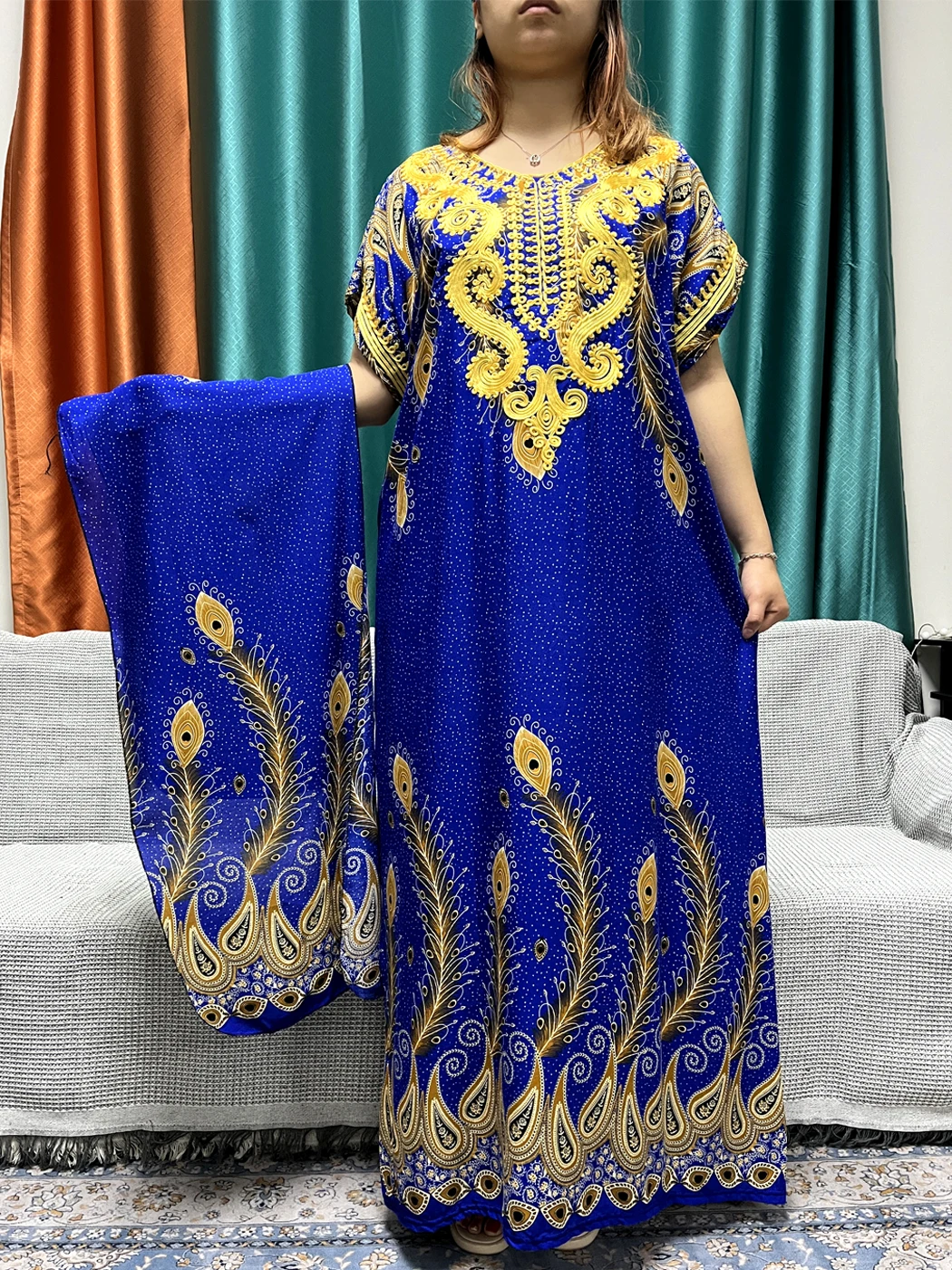 Muslim Abayas For Women 2024 New Cotton Printed Gold Appliques Loose Femme Robe African Nigeria Summer Dresses With Headscarf