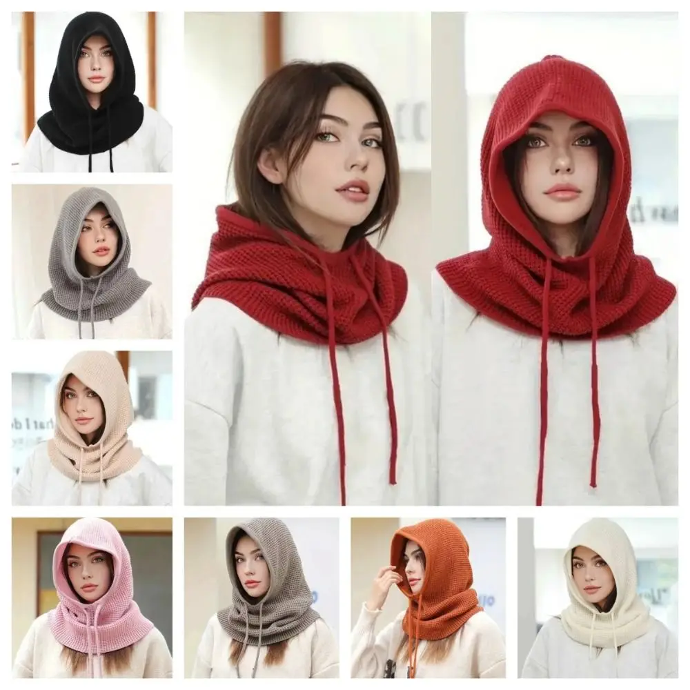 Fashion Solid Color Drawstring Balaclavas Hat Soft Warm Drawstring Knitted Hat Windproof Earmuff Winter Neckerchief Outdoor