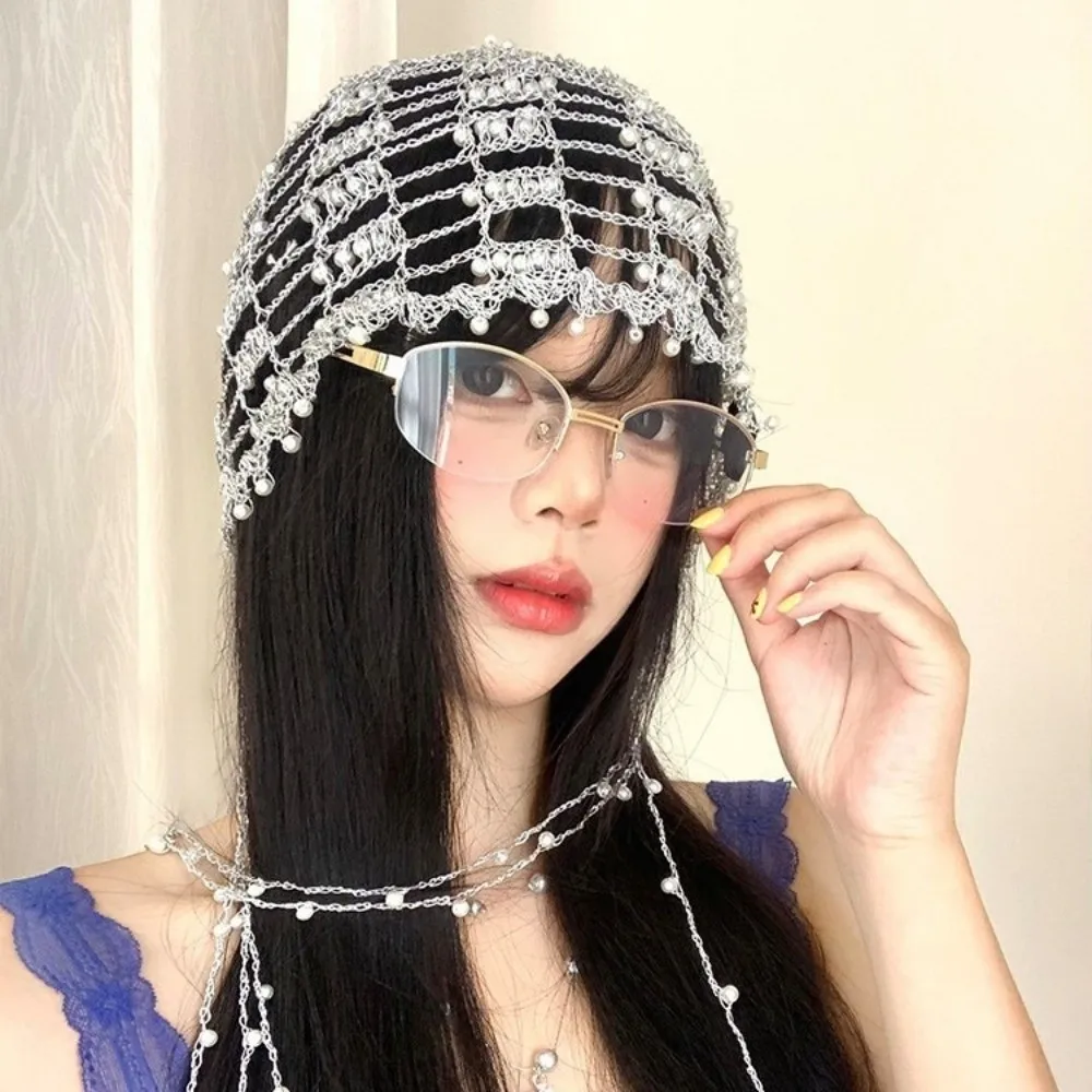 Handmade Chain Beaded Hats Shining Crystal Tassel Decoration Mesh Hair Accessories Bridal Head Ornament Luxury Hairbands