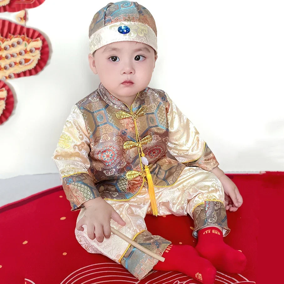 2024NEW Golden Chinese Hanfu For Baby Boy Embroidery Tang Suit Birthday Clothing Summer Long Sleeve Full Moon Gift New Year