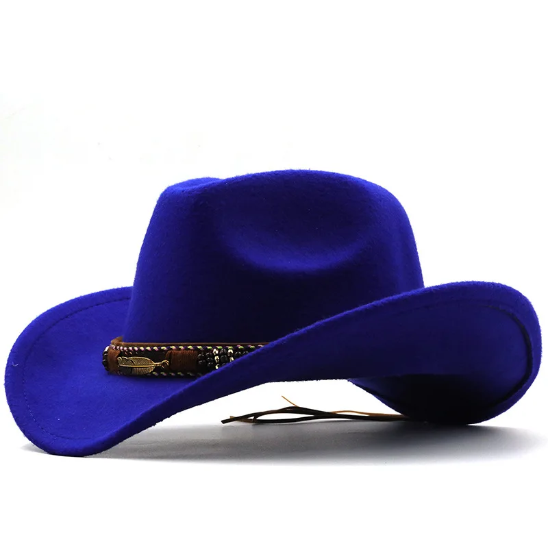 Classic Cowboy Hat Wide Brim Wool Hat With Metal Leaf Belt Stylish Retro Warm Party Cowgirl Cosplay Woolen Caps For Adults