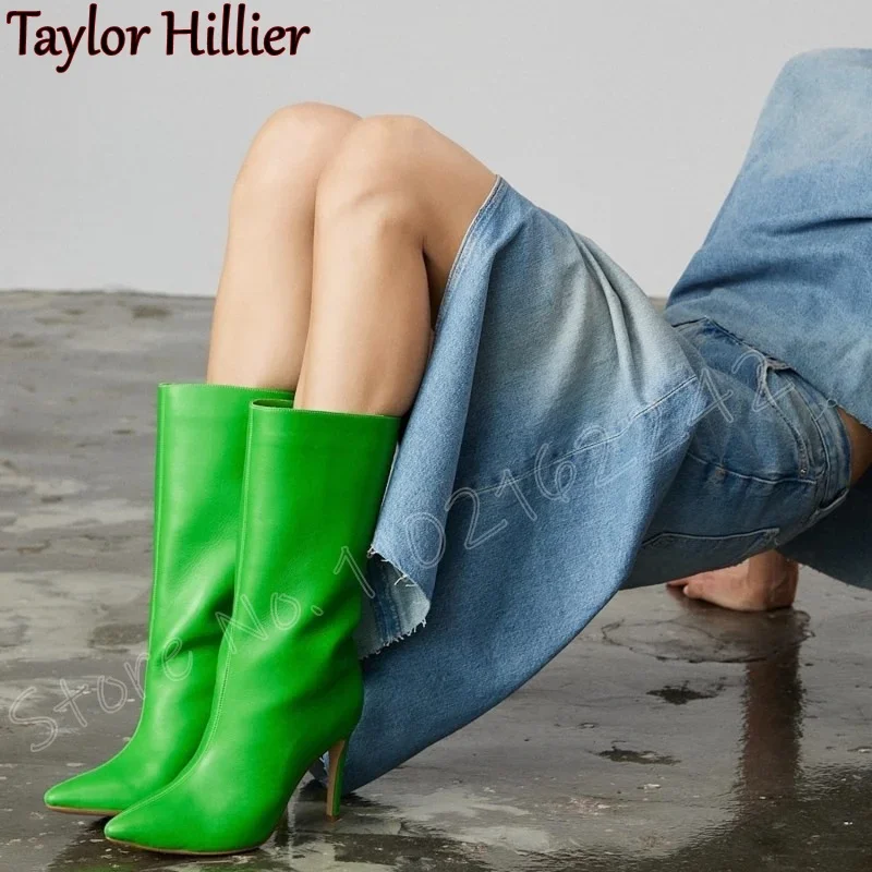 

Green Matte Mid-Calf Boots Pointed Toe Stiletto Stitching Short Boots Fashionable Party Comfortable Nightclub Women'S Boots New