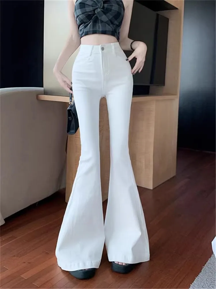 

Korean Chic Women High Waist Flare White Denim Pants Jeans 2026 New Spring Slim Thin Skinny Long Pants Empire Elastic Trousers