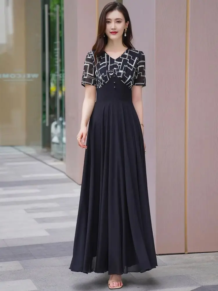 

Модное женское шифоновое платье А-силуэта с V-образным вырезом и плиссированной талией для повседневной носки, весна-лето, черное, приталенное, TS971