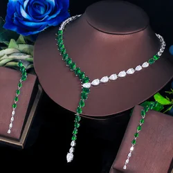 ThreeGraces Elegant Green Cubic Zirconia Dubai Nigerian Long Dangle Earrings Necklace Bridal Party Jewelry Set for Women TZ876