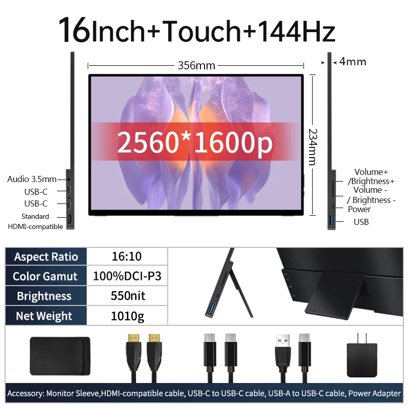 VCHANCE 16'' 2.5K 144hz Portable Monitor Touchscreen 2560x1600p 16:10 550nit Gaming Display for PC Laptop Phone Switch PS5 Xbox