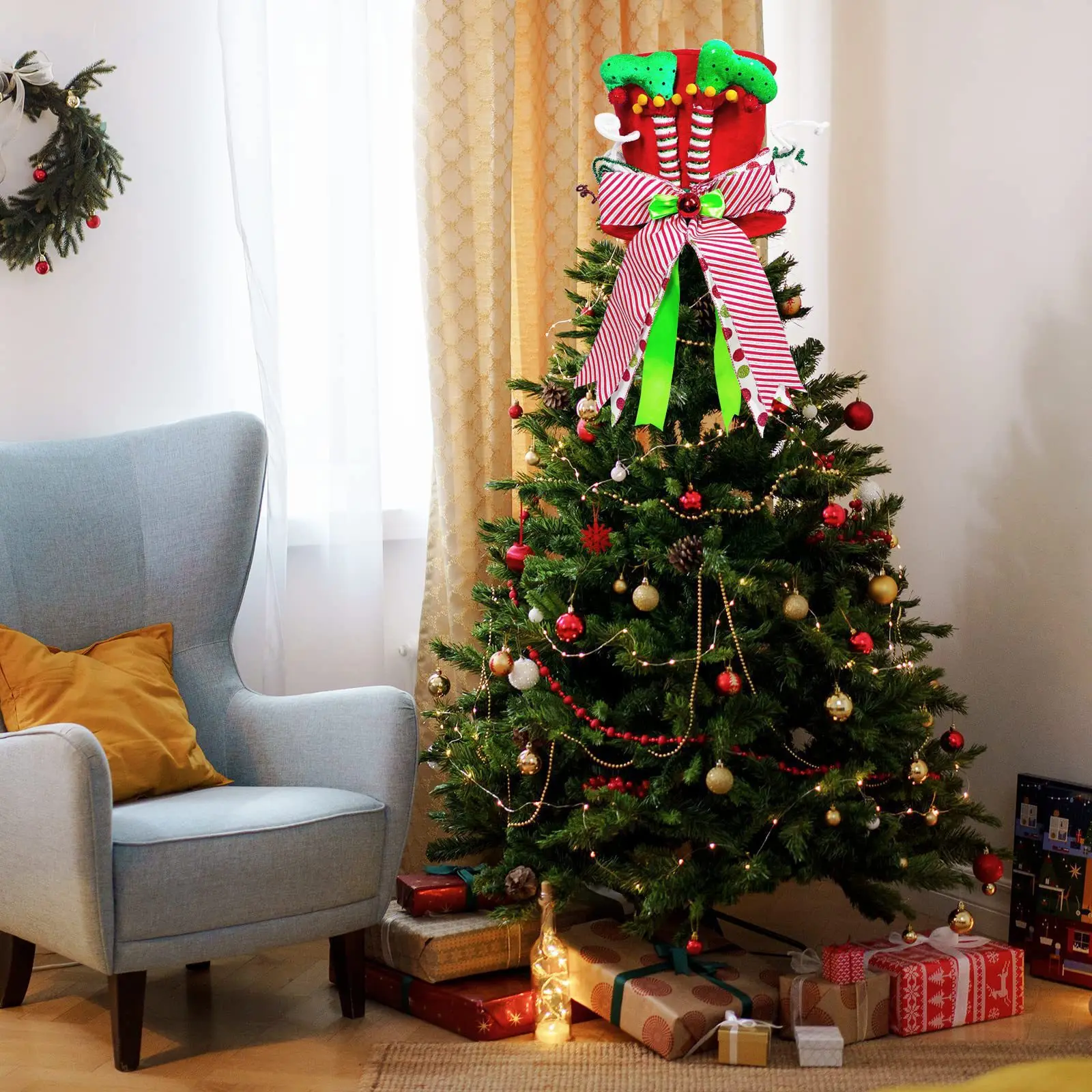 Red Decorative Christmas Tree Top Hat For Home Xmas Tree Ornaments Navidad Elf Leg Gift New Year 2026